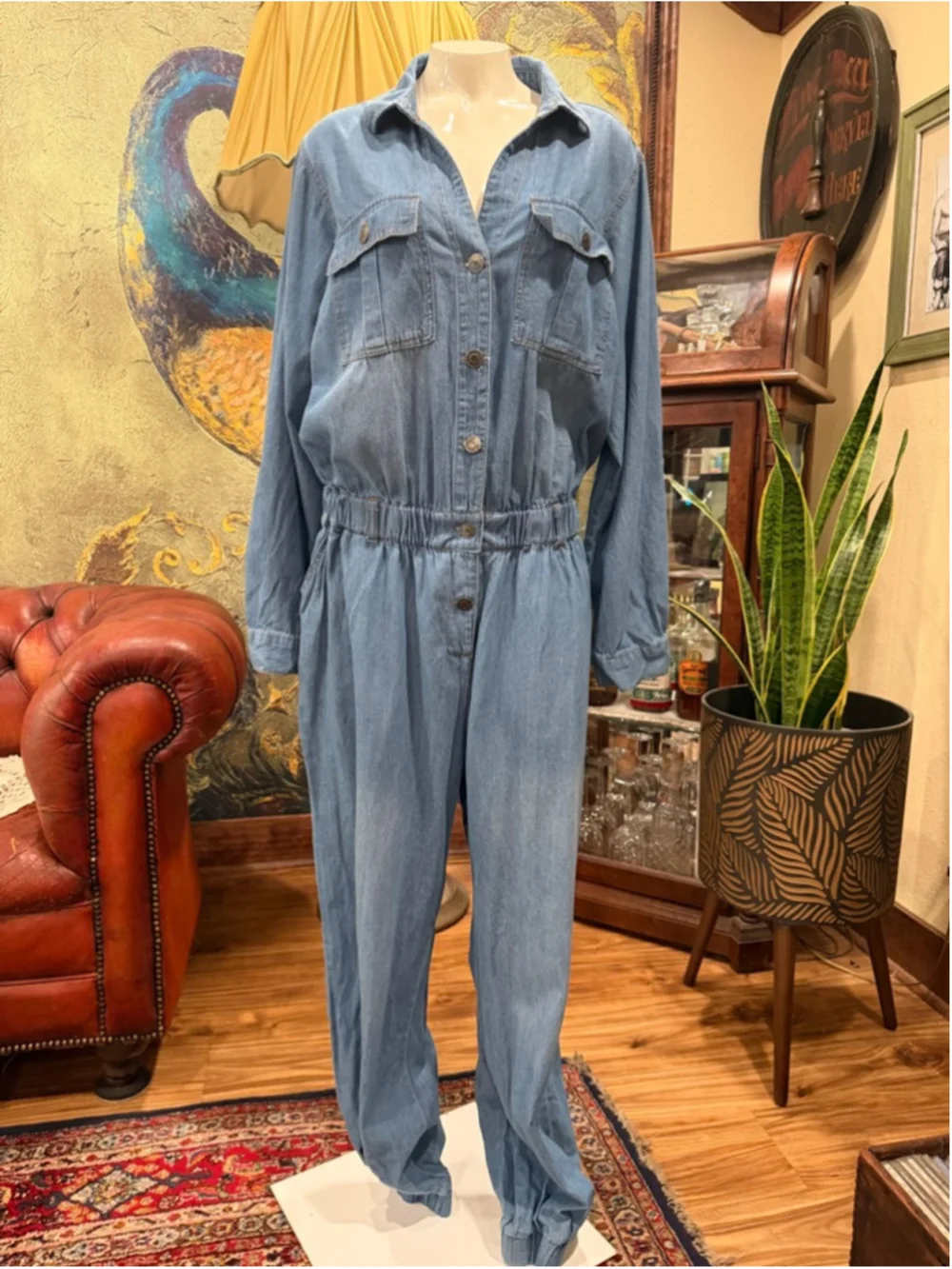 Ashley Stewart Denim Jumpsuit 14 Romper Overall Long Sleeve Elastic Waist Blue